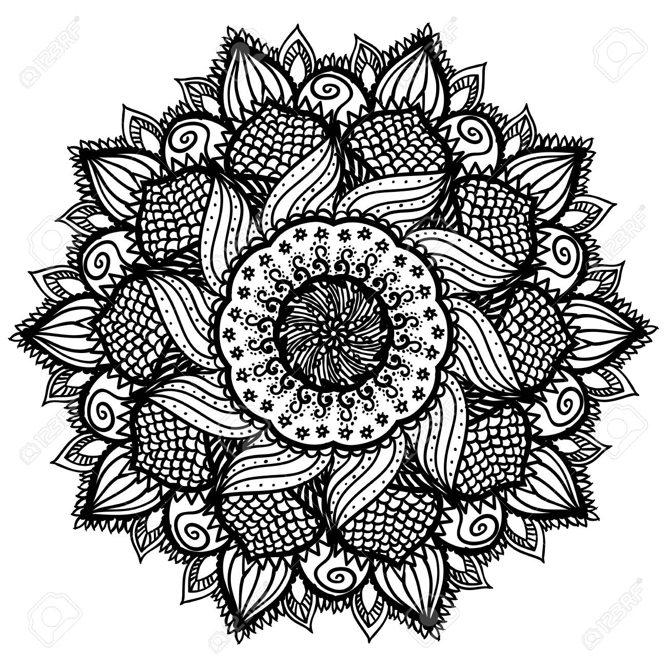Beautiful abstract black mandala isolated on white background artistic floral ornament for coloring pages and book creative monochrome henna tattoo design abstract sunflower royalty free svg cliparts vectors and stock illustration image