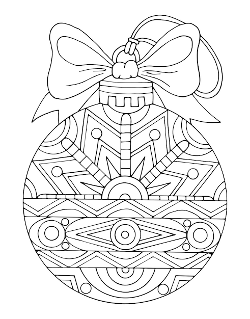 Premium vector winter coloring page with toy ball christmas tree decoration with patterns and ribbon bow hand drawn vector thin line art illustration coloring book for children and adults