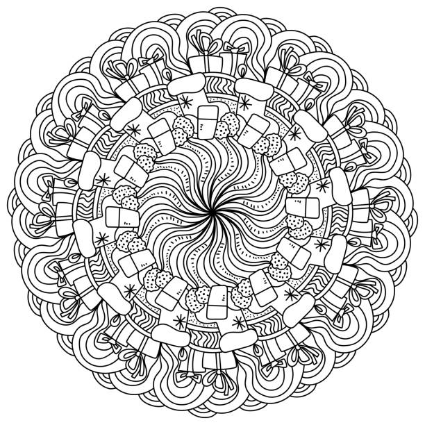 Christmas contour mandala holiday coloring page with milk cookies and xmas attributes stock illustration