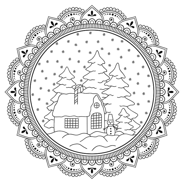 Premium vector christmas decoration in the form of mandala with elements of festive decoration coloring book page