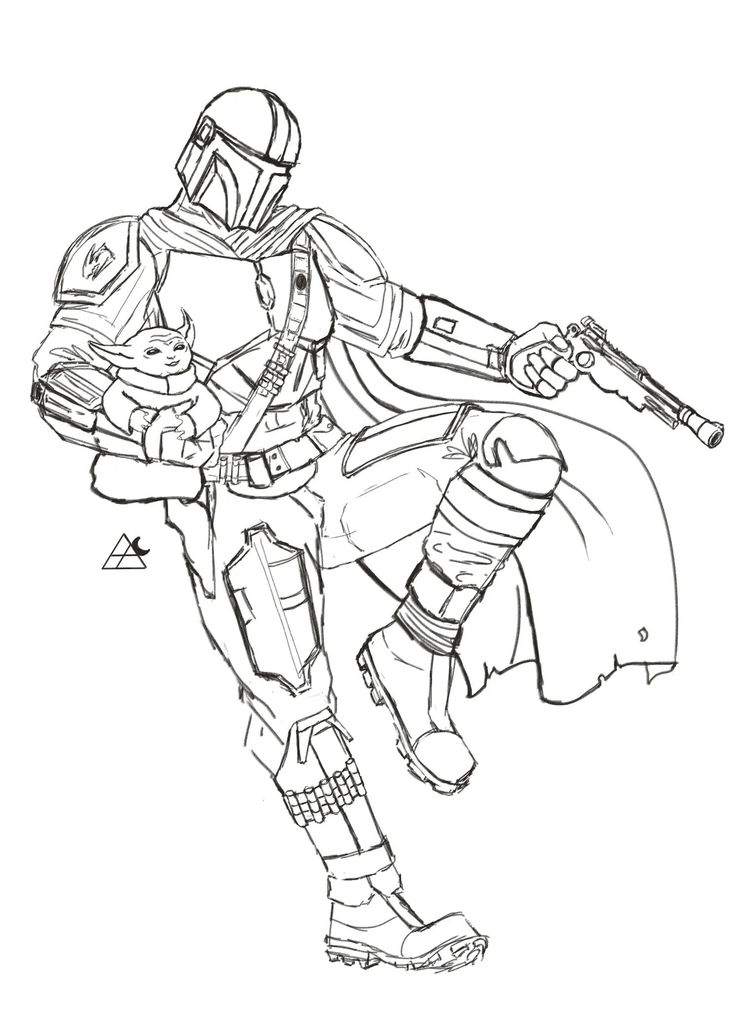 Paintingsketch of mando and grogu rfanart