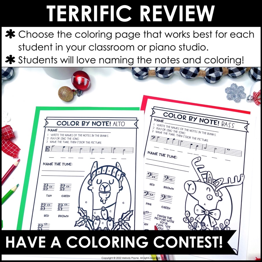 Christmas carols color by music note worksheets for elementary music piano