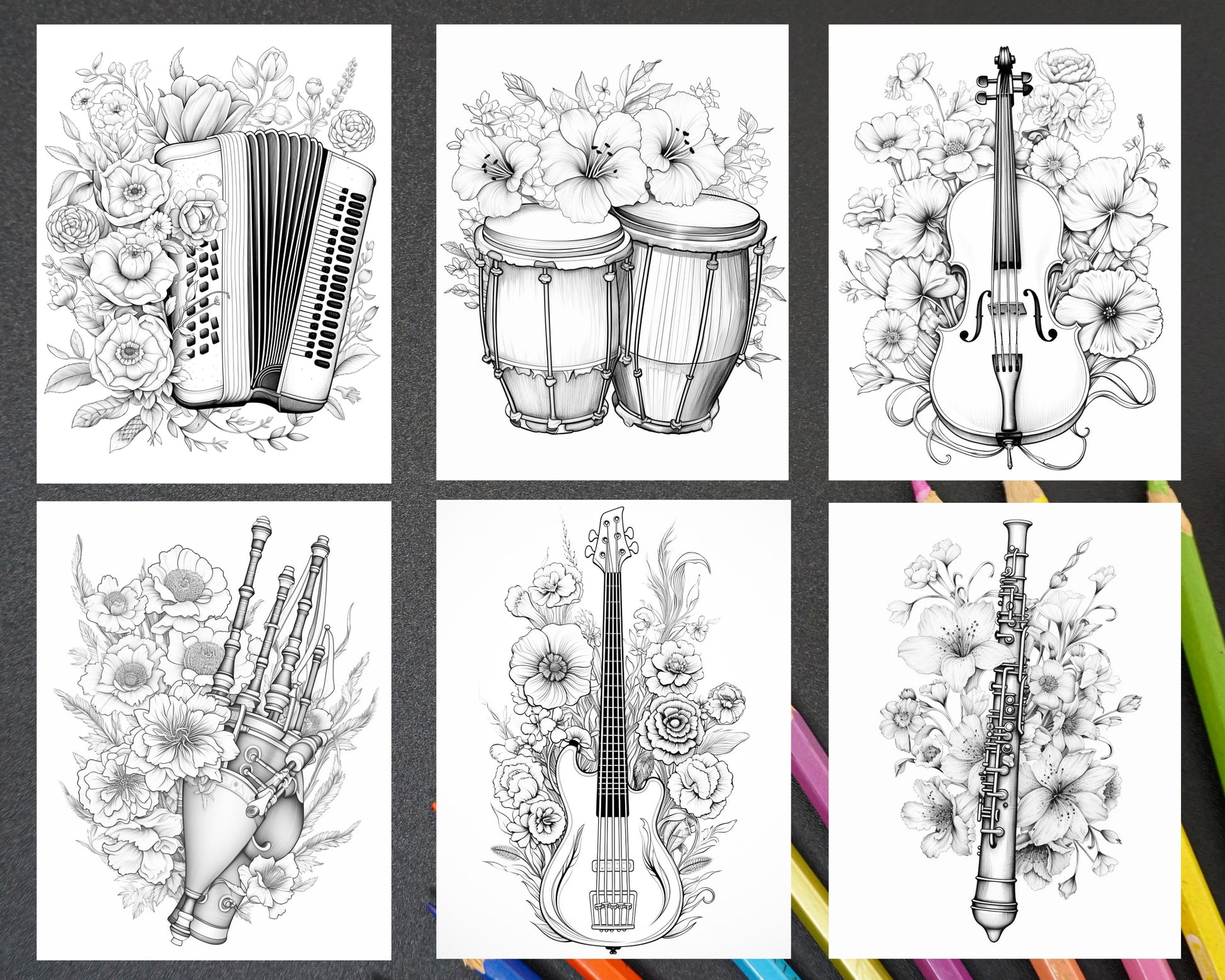 Musical instrument flower grayscale coloring pages printable for ad â coloring