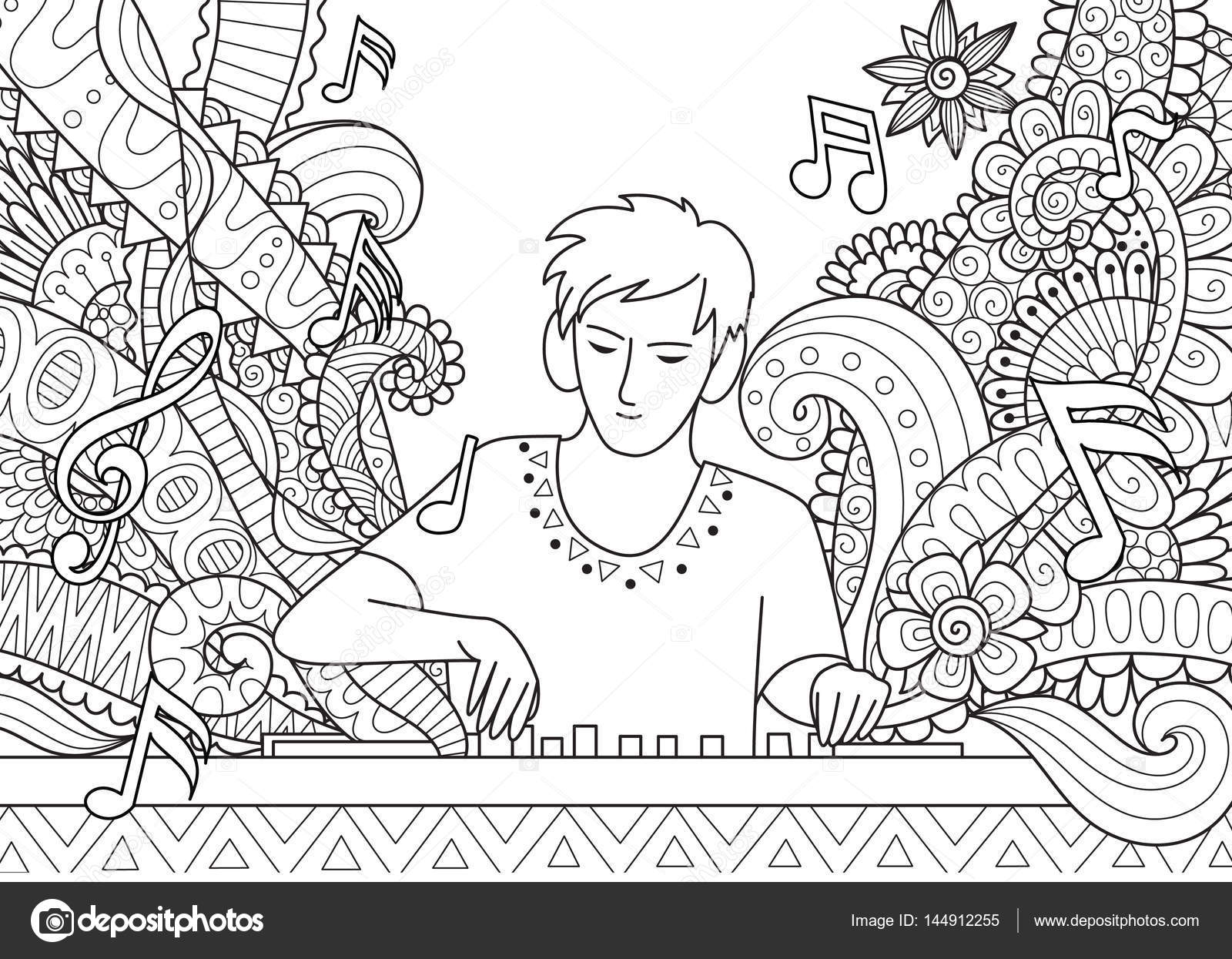Dj playing music in music festival for adult coloring book page stock vector stock vector by somjaicindygmail