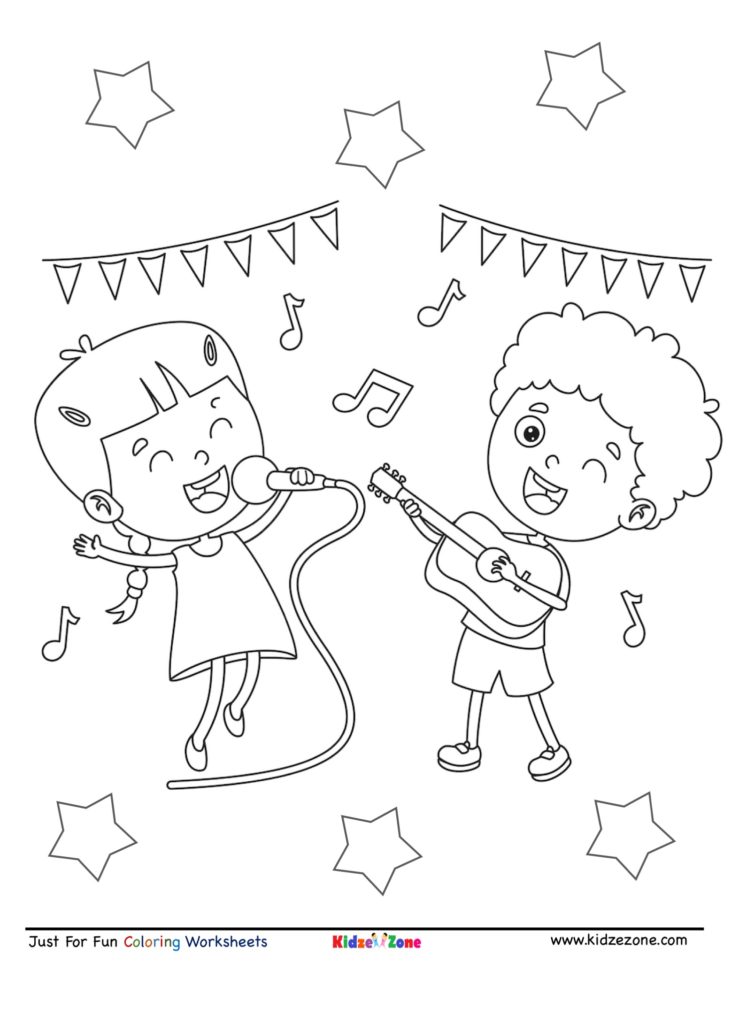 Kids music party cartoon coloring page