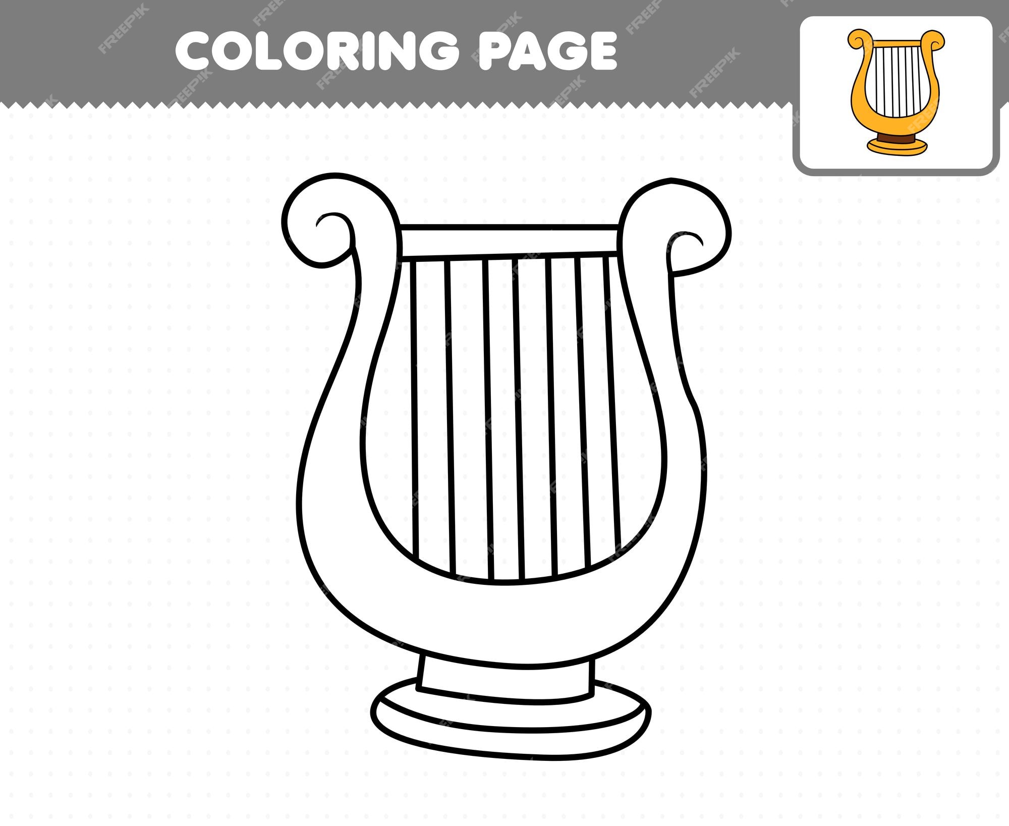 Premium vector education game for children coloring page cartoon music instrument lyre printable worksheet