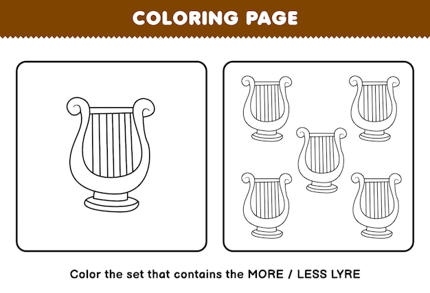 Premium vector education game for children coloring page more or less picture of cartoon music instrument lyre line art set printable worksheet