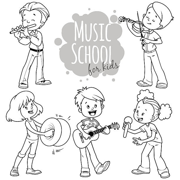 Cartoon kids playing musical instruments and singing stock illustration
