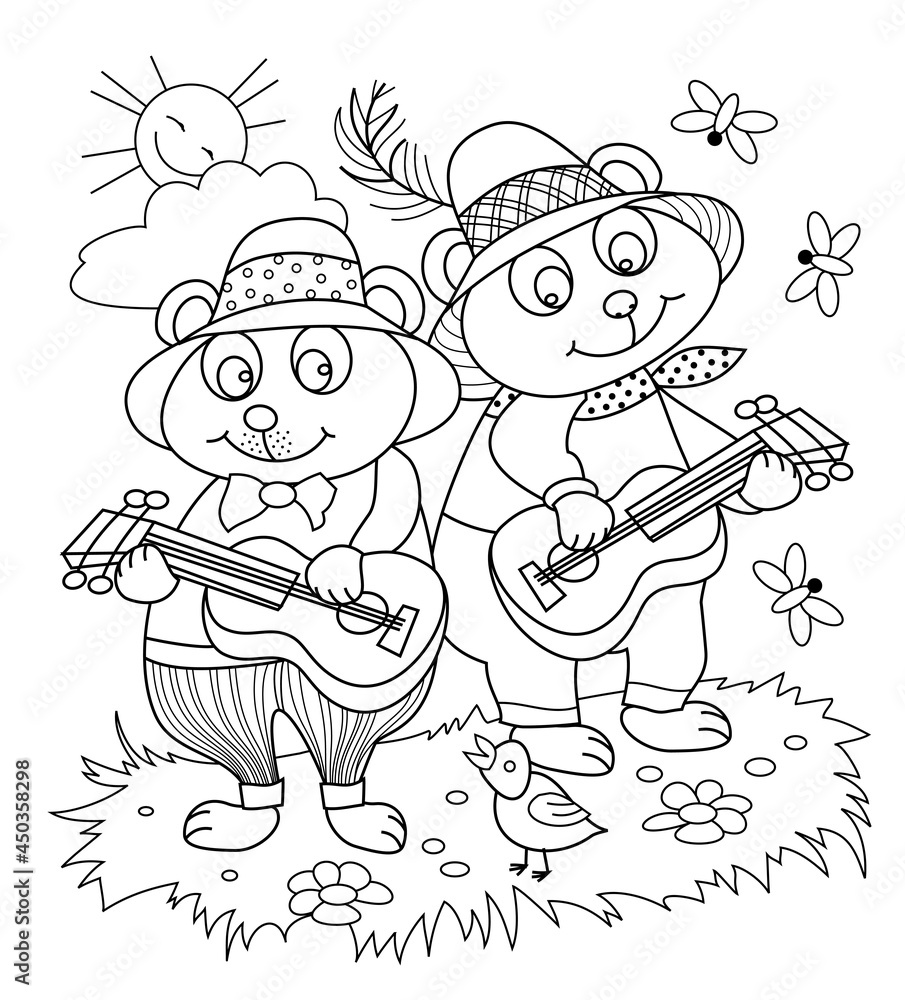 Black and white page for kids coloring book drawing of two cute bears playing music on guitars printable worksheet for children and adults sheet for drawing and meditation vector illustration vector