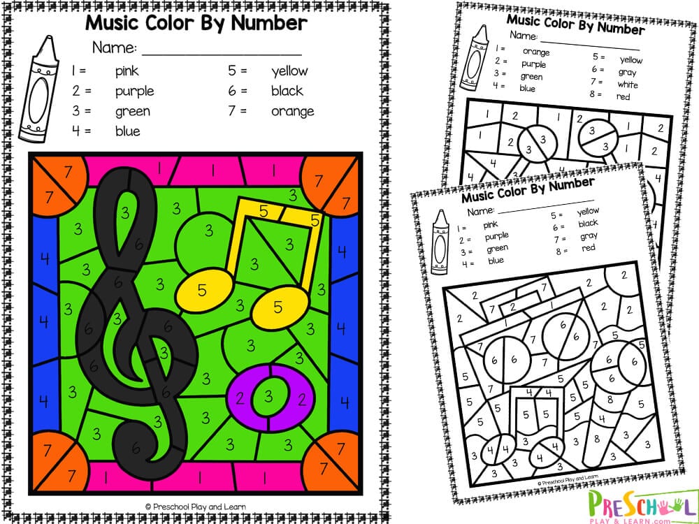 Ðµ music color by number printable worksheets
