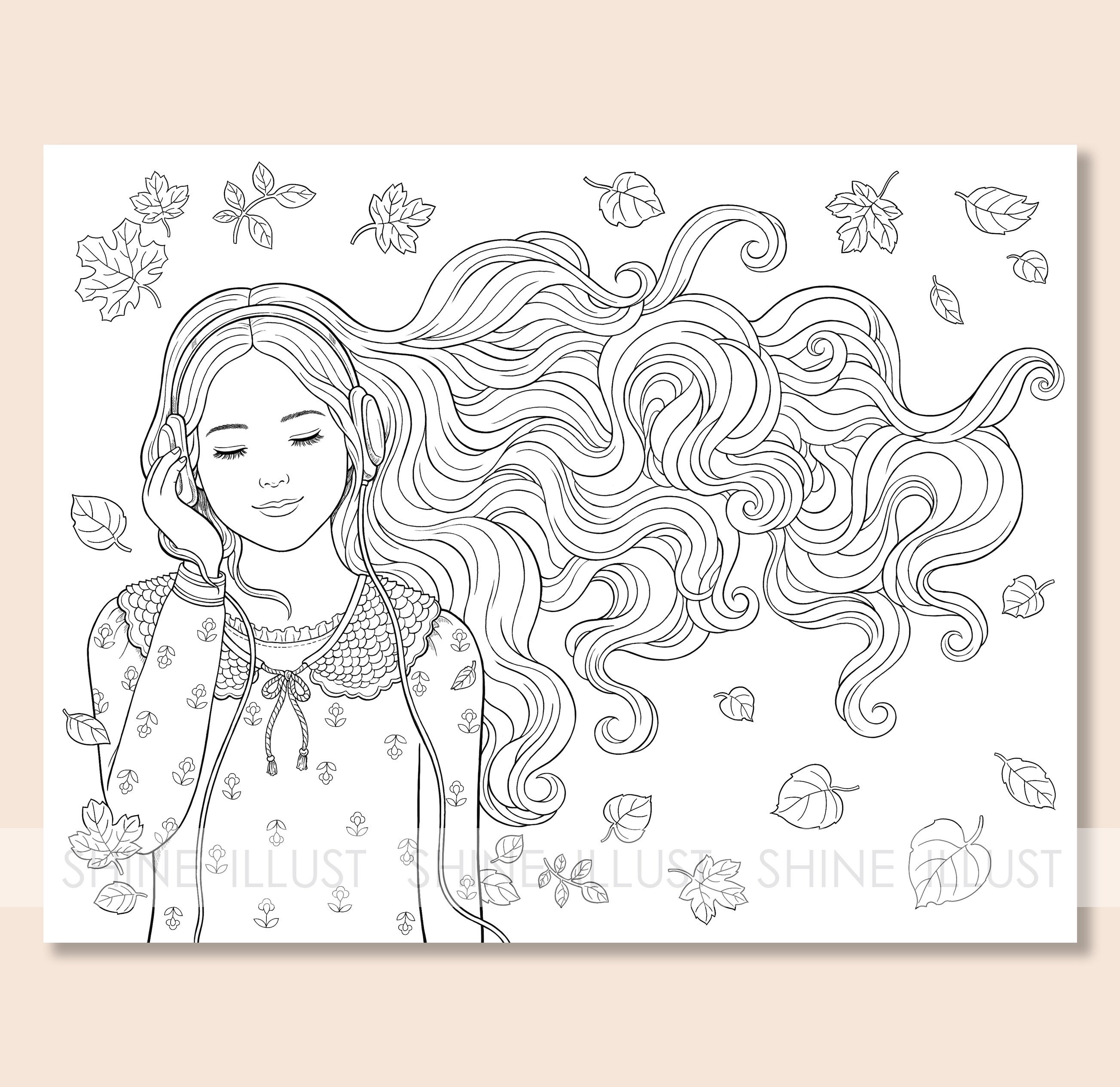 Printable coloring page girl listening to music coloring sheet fall coloring page coloring page beautiful girl instant download