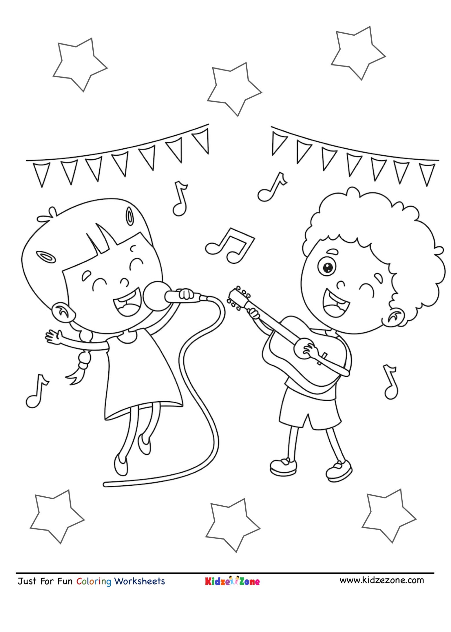 Kids music party cartoon coloring page