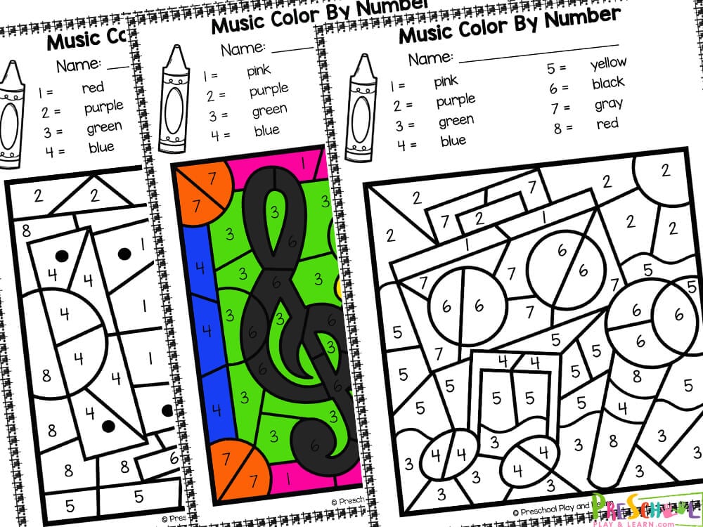 Ðµ music color by number printable worksheets