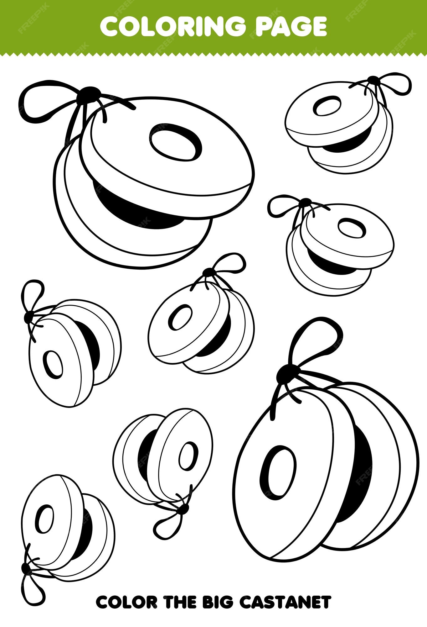 Premium vector education game for children coloring page big or small picture of music instrument castanet printable worksheet