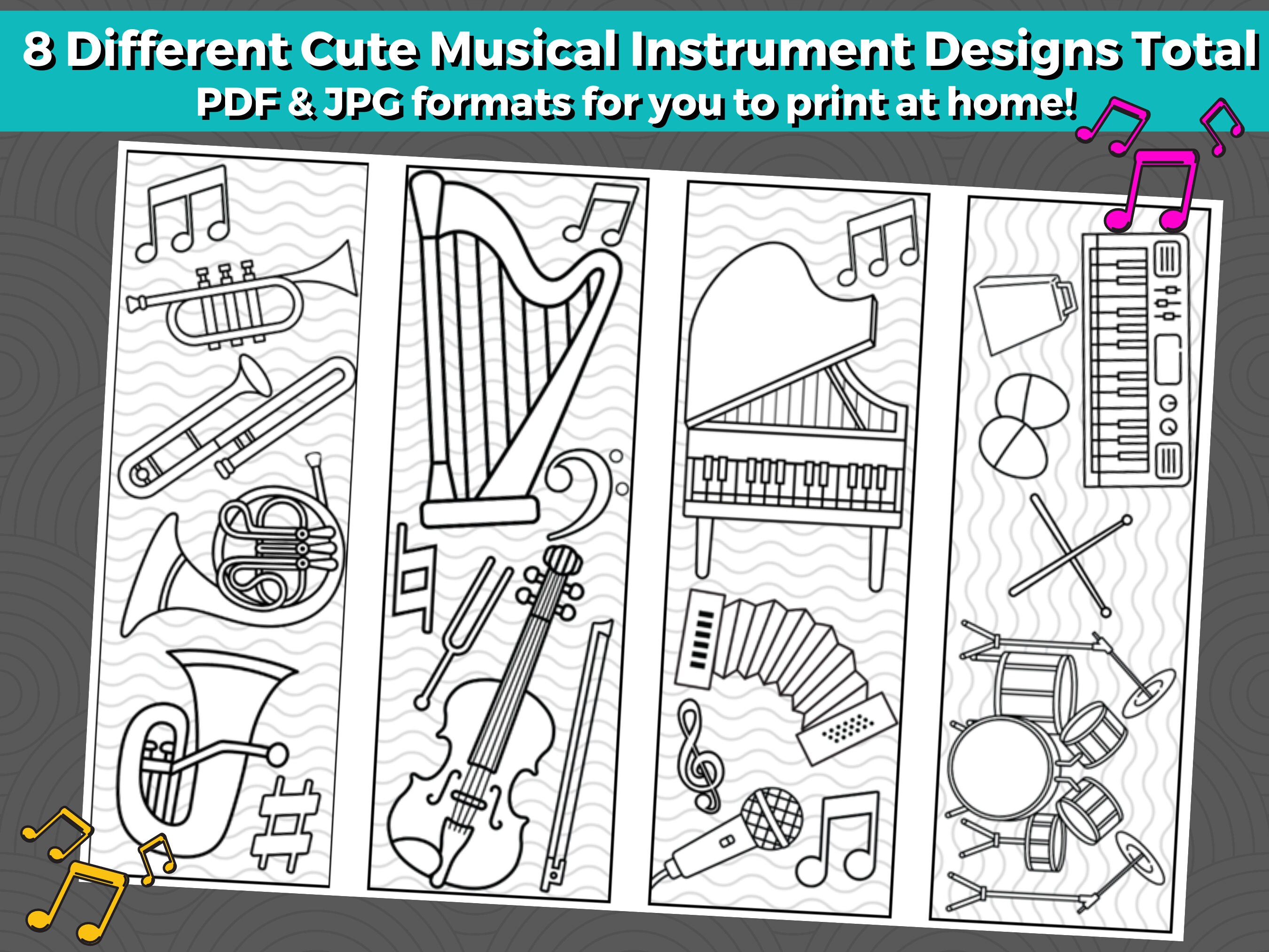 Musical instrument printable coloring bookmarks for kids instant download color your own bookmarks