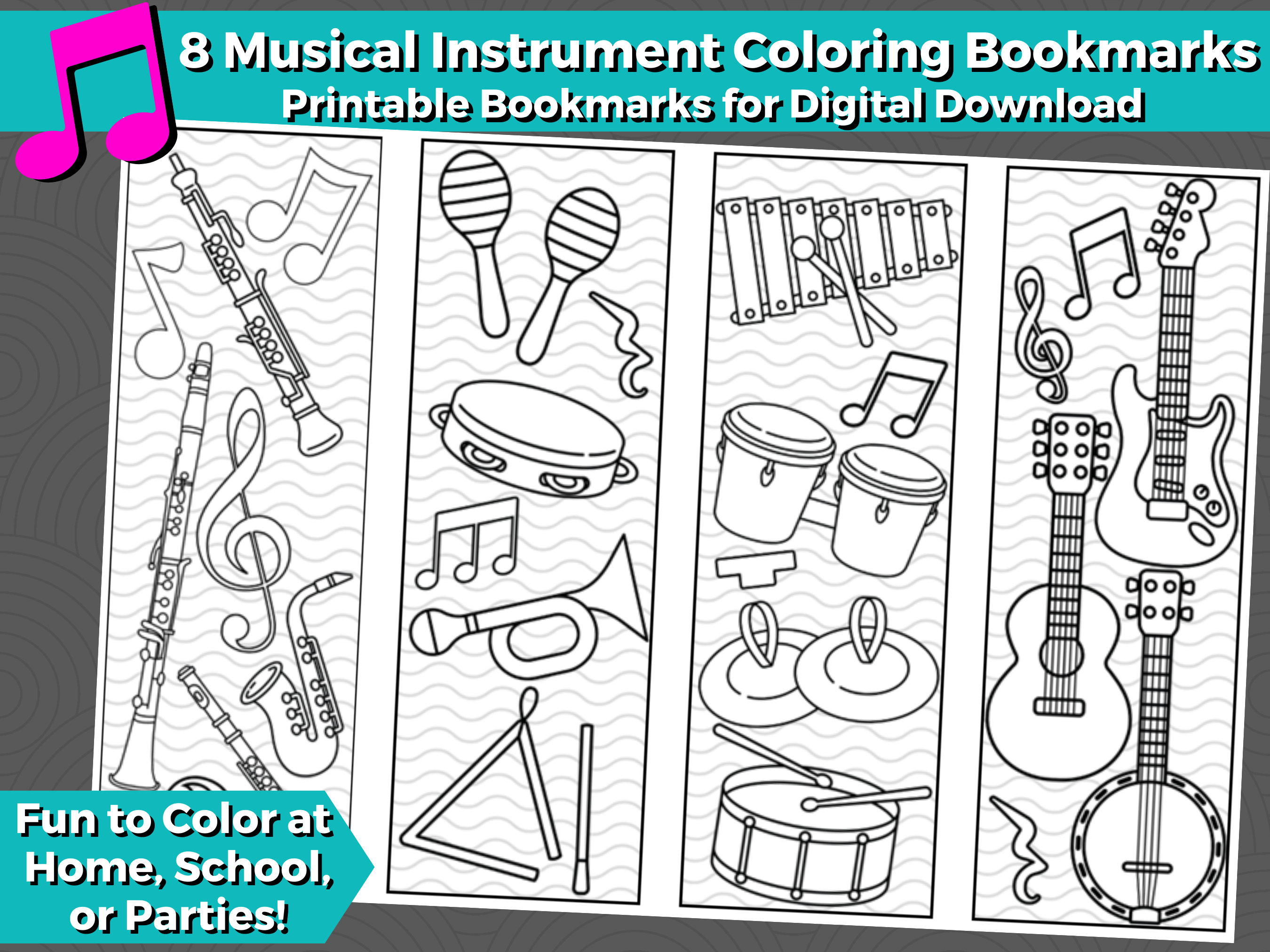 Musical instrument printable coloring bookmarks for kids instant download color your own bookmarks