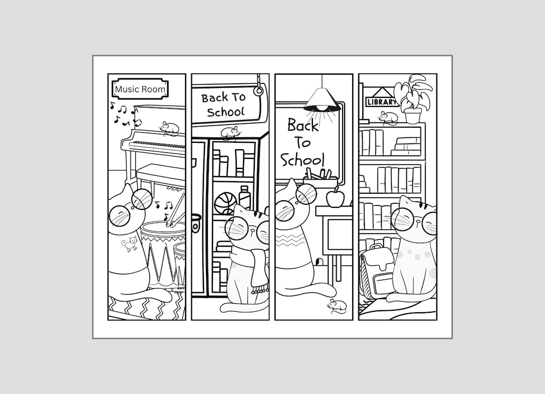 Printable coloring bookmarks diy bookmarks back to school reading bookmarks activity craft page pdf cat coloring pages instant download