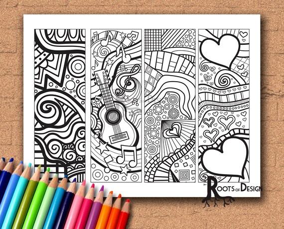 Instant download coloring page color your own fun music and tangle style bookmarks doodle art printable coloring bookmarks