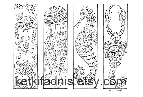 Coloring bookmarks sea creatures bookmarks coloring page instant pdf download digital download hand drawn diy coloring page download now