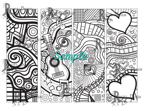 Instant download coloring page color your own fun music and tangle style bookmarks doodle art printable coloring bookmarks
