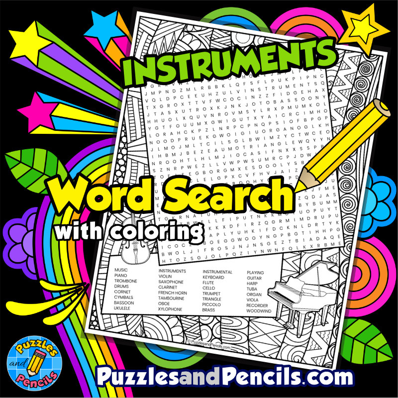 Musical instruments word search puzzle activity page with coloring music wordsearch made by teachers