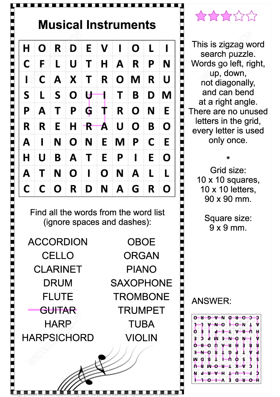 Musical instruments zigzag word search puzzle free printable puzzle games