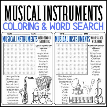 Musical instruments coloring word search puzzle worksheet activity for kids