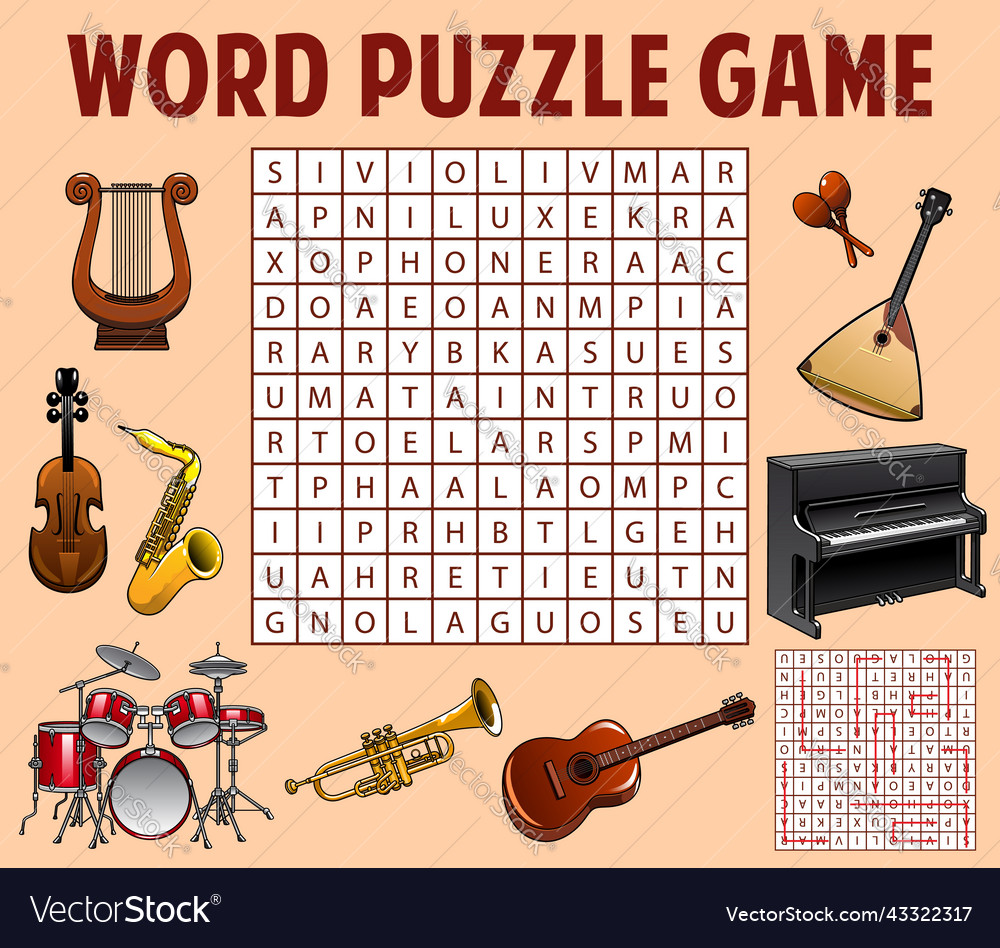 Musical instruments word search game worksheet vector image