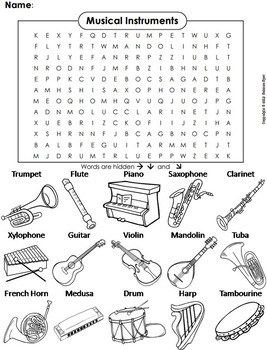 Musical instruments activity word search worksheet by science spot
