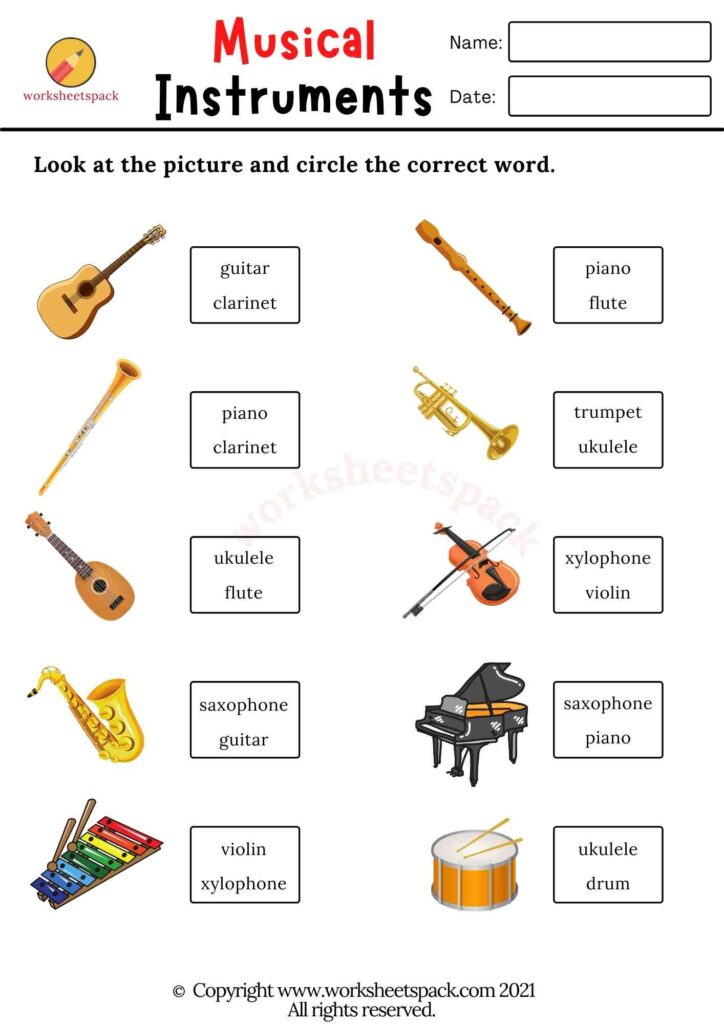 Musical instruments worksheets