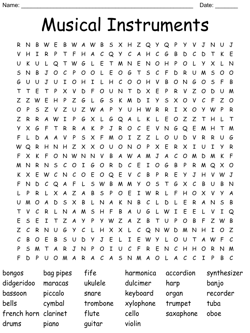 Musical instruments word search