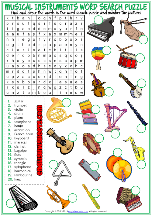 Musical instruments esl word search puzzle worksheet