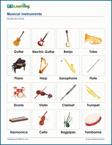Musical instruments vocabulary cards k learning