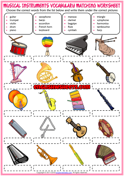Musical instruments esl matching exercise worksheet for kids music activities for kids elementary music worksheets music basics