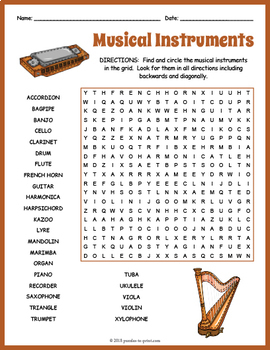 Free musical instruments word search puzzle worksheet activity tpt