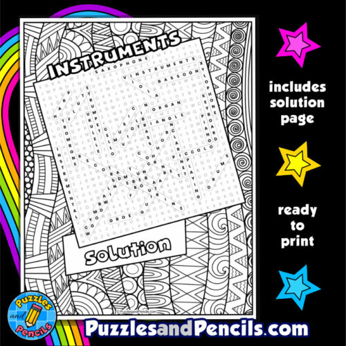 Musical instruments word search puzzle activity page with coloring music wordsearch made by teachers