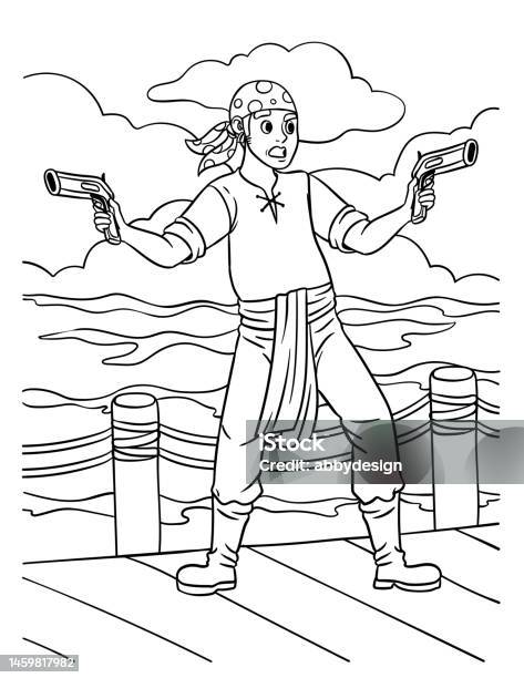 Pirate with a gun coloring page for kids stock illustration