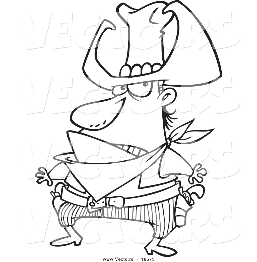 R of a cartoon bad cowboy ready to draw his guns