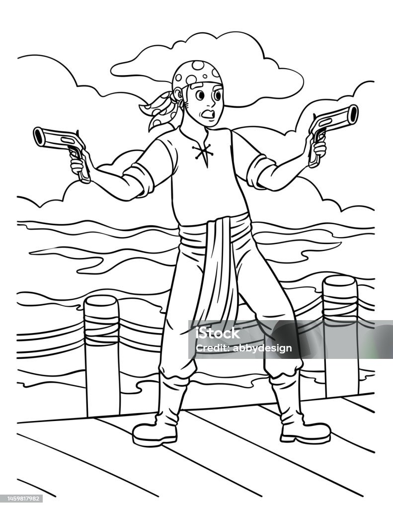 Pirate with a gun coloring page for kids stock illustration