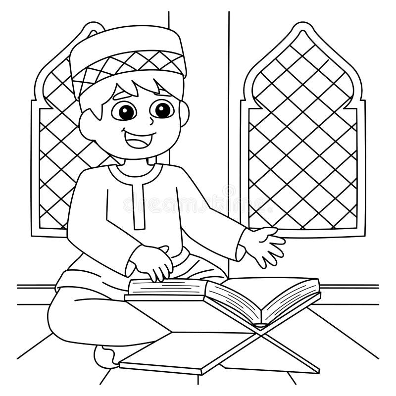 Ramadan muslim boy reading quran coloring page stock vector