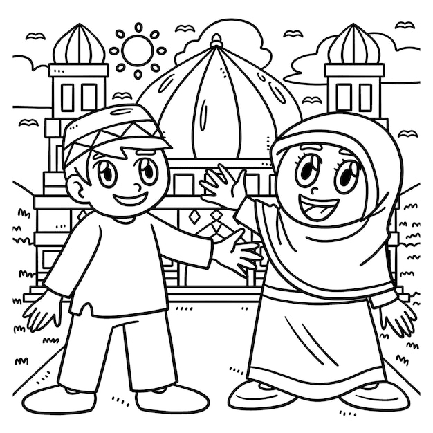 Premium vector ramadan happy muslim kids coloring page for kids