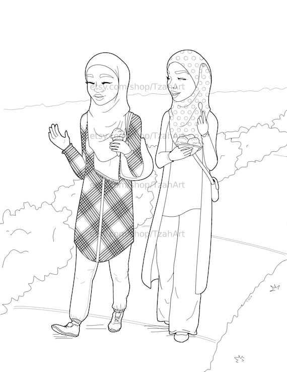 Muslim hijabi coloring book page digital download an ice cream kinda day