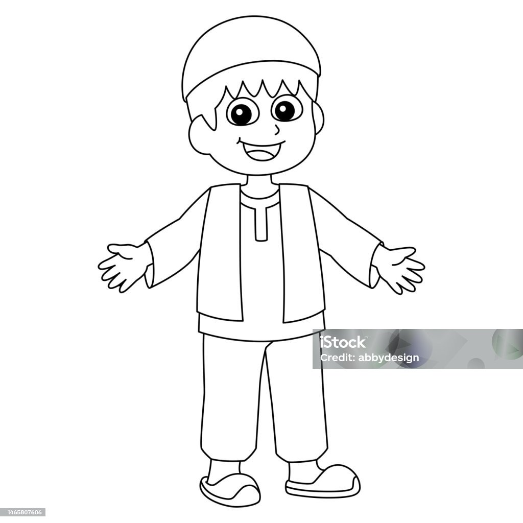Ramadan happy muslim boy isolated coloring page stock illustration