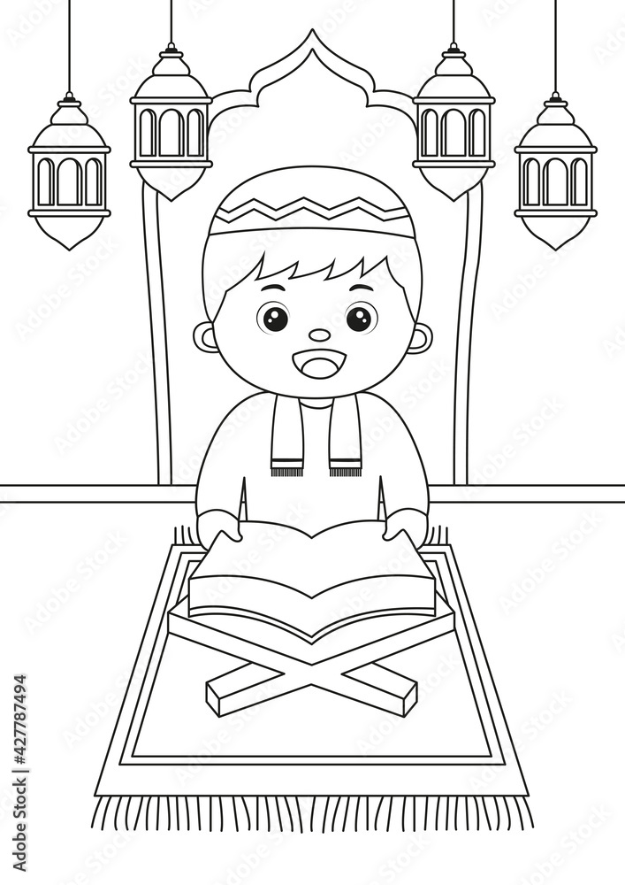 Coloring page of young muslim boy read al
