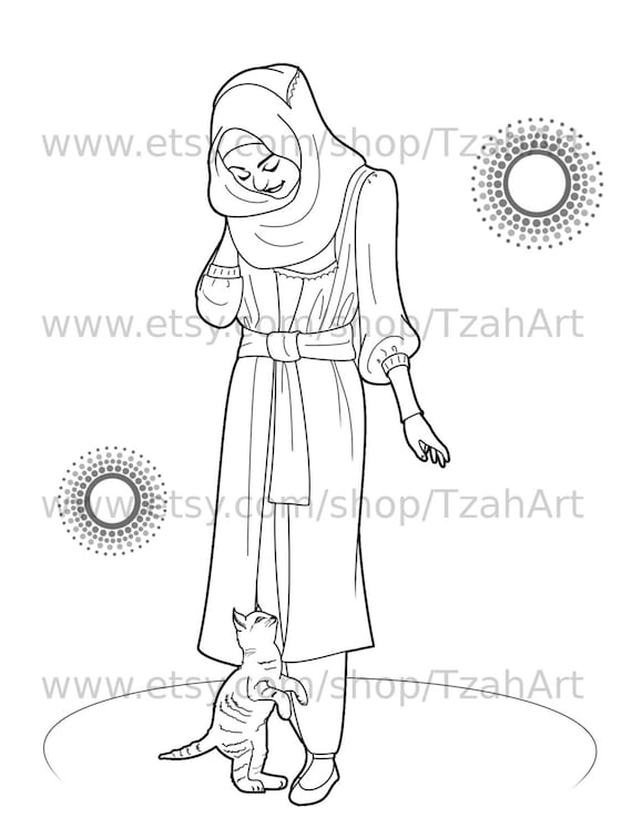 Muslim hijabi coloring book page digital download muslimah lady and kitten