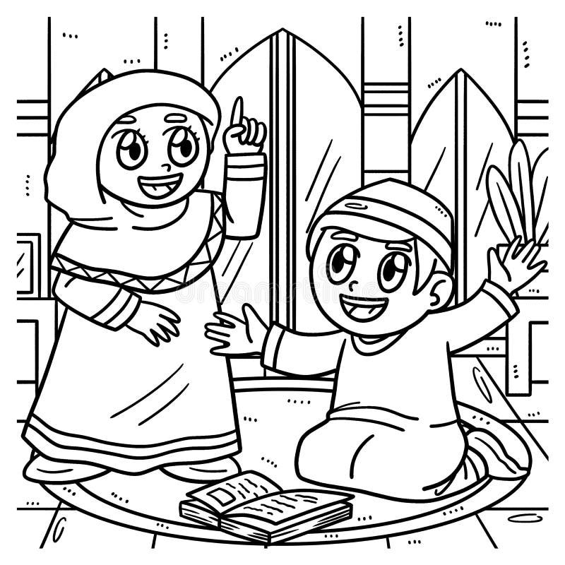 Ramadan muslim children coloring page for kids stock vector