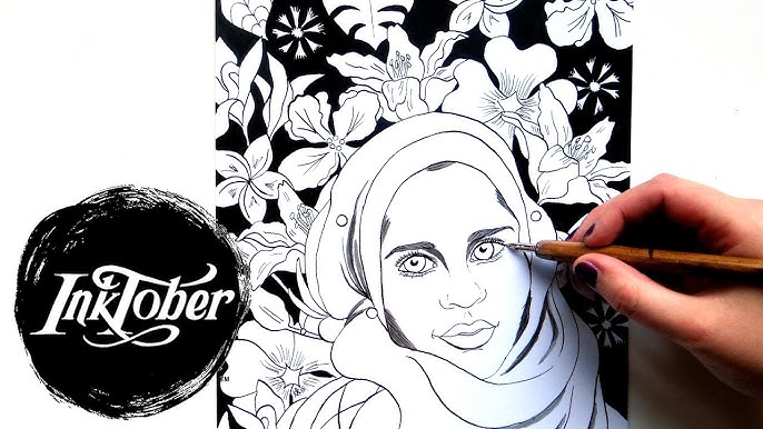 Inktober drawing a coloring page eid muslim girl with hijab inktober