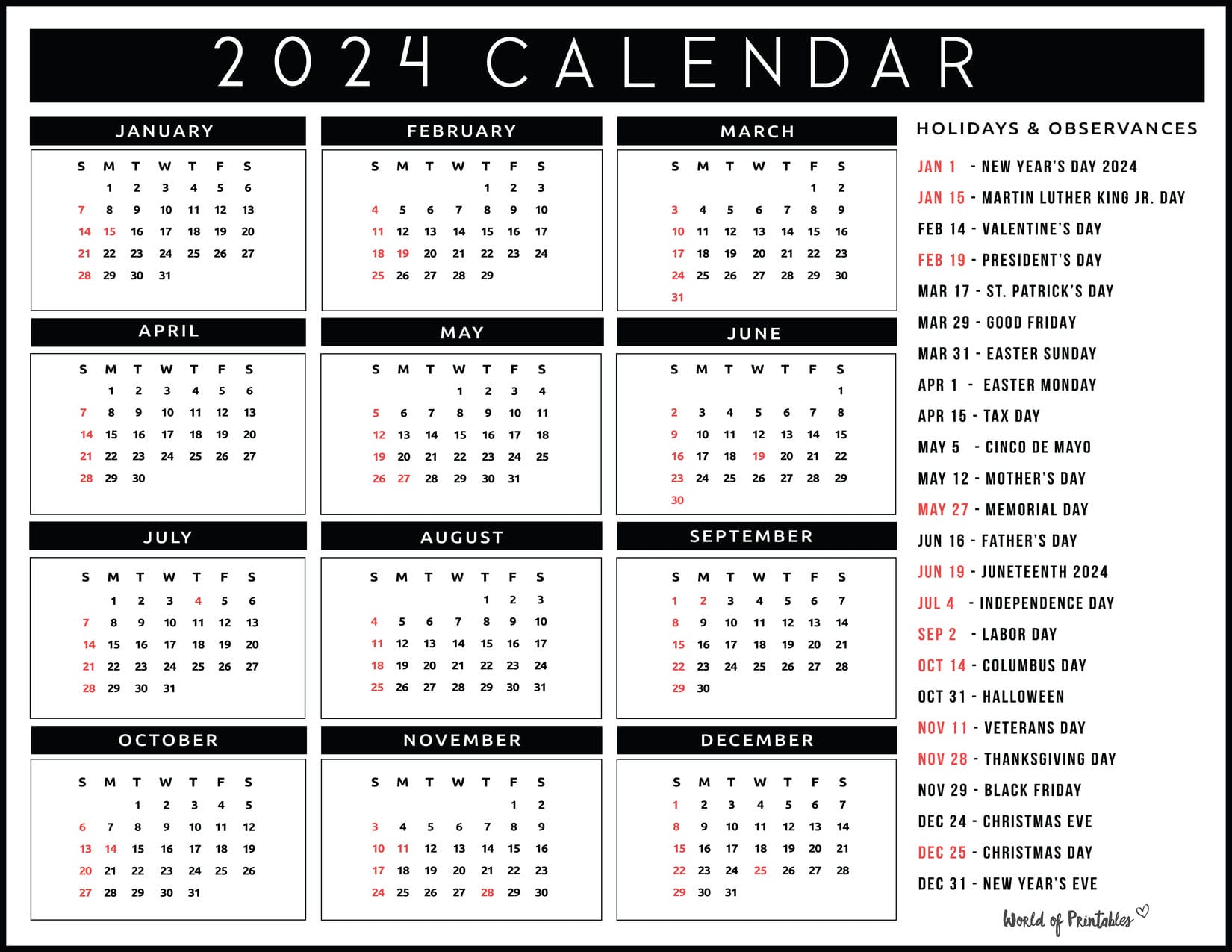 Calendar with holidays