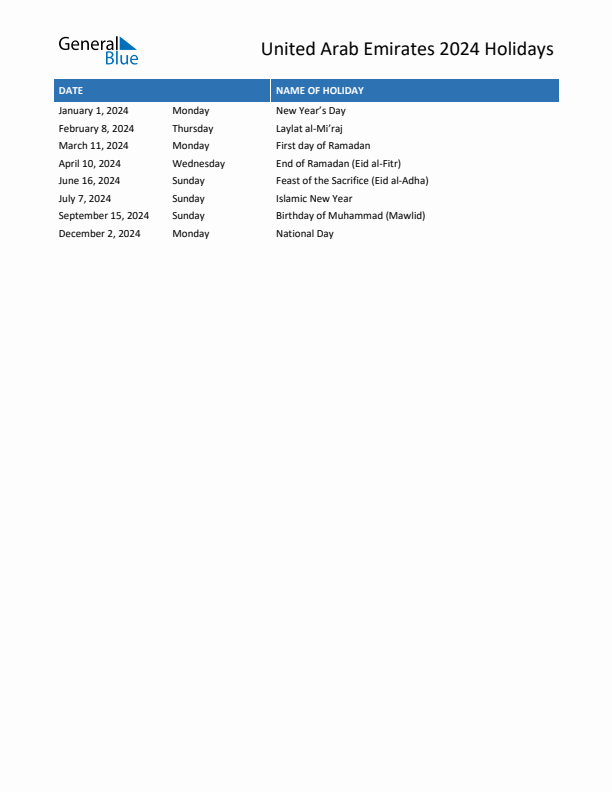 United arab emirates list of holidays in pdf word and excel
