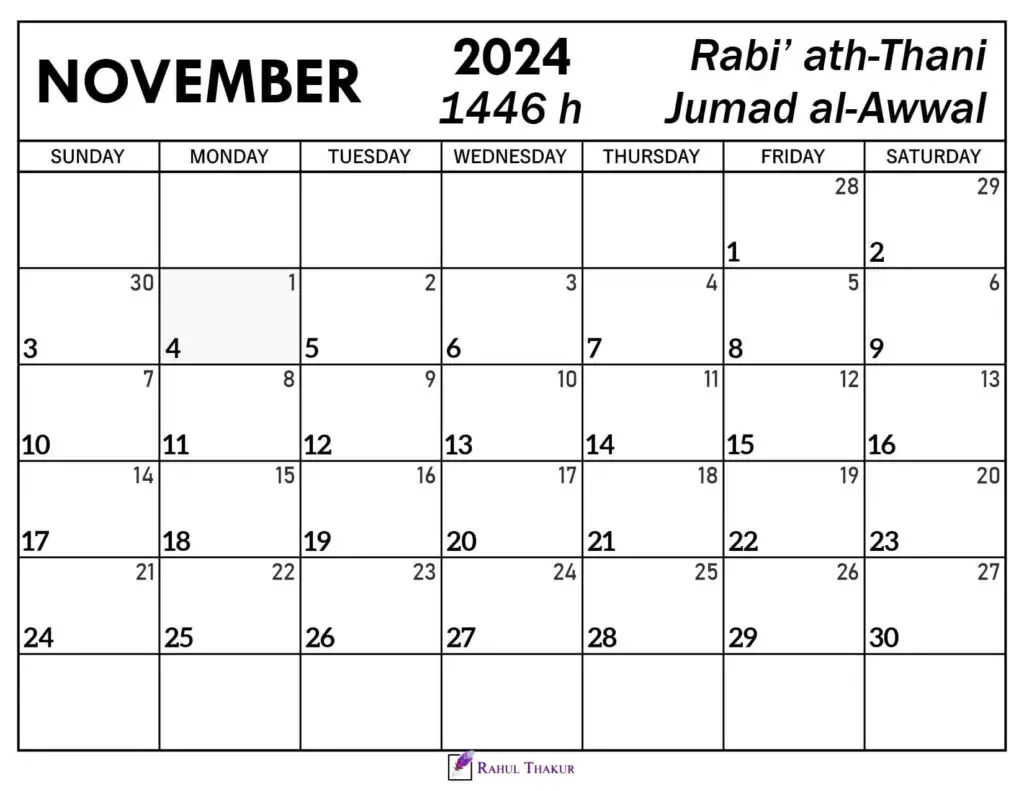 November calendar with hijri dates